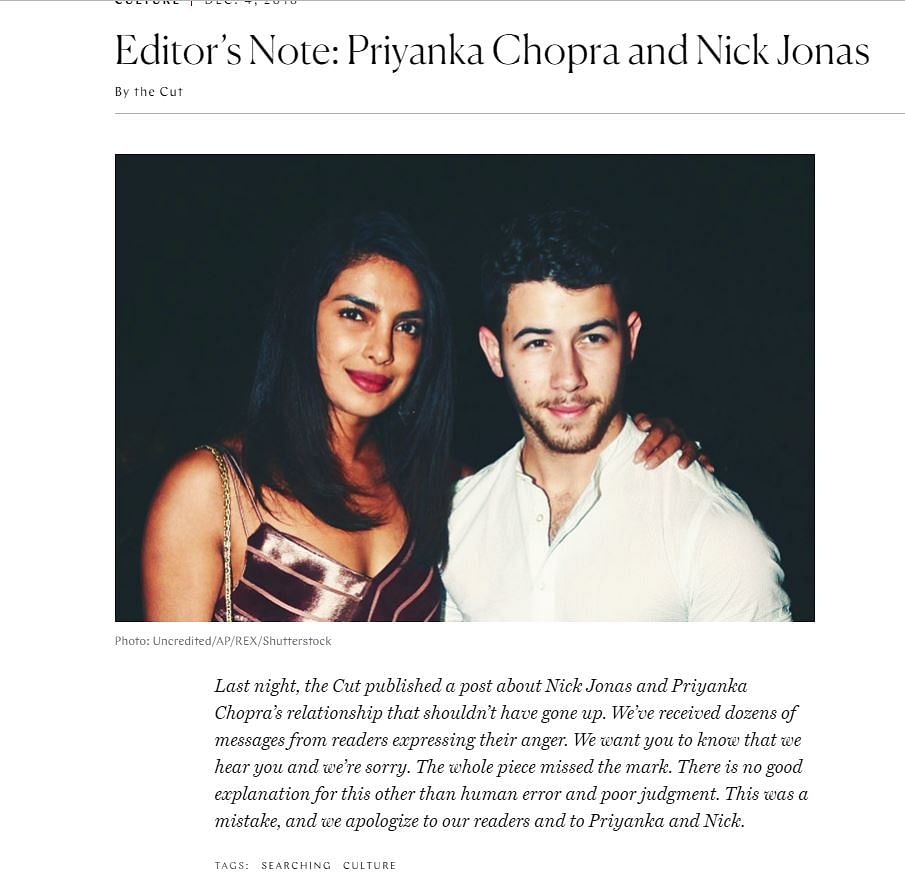 The Cut’s writer Mariah Smith has apologised for writing an article that called Priyanka Chopra a scam artist. 