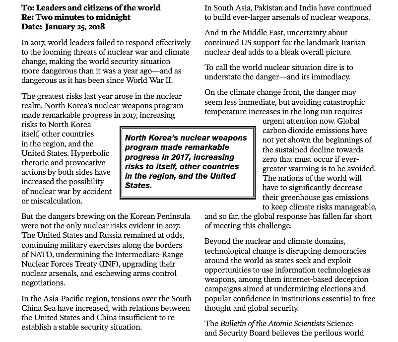 The Bulletin mentions the brewing nuclear risks in the Korean Peninsula.