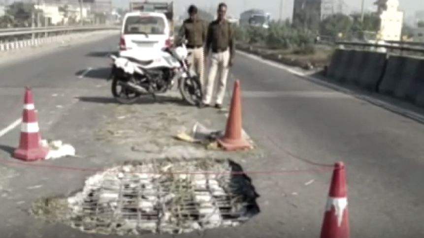 A four-feet wide hole appeared at the Rampura flyover on National Highway 8 in Gurugram.
