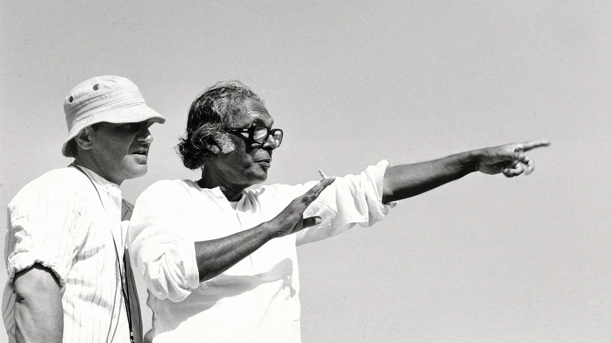 Mrinal Sen on the sets of a film.