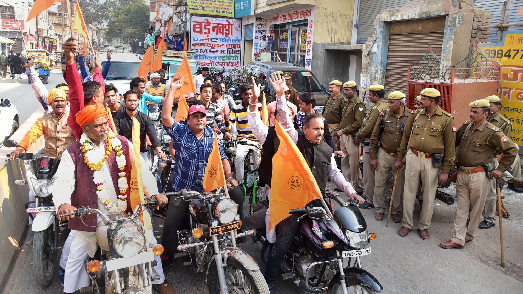 Members of a Hindu organisation take part in a rally to celebrate Babri Masjid demolition anniversary as Shaurya Diwas, in Varanasi on Thursday, 6 December.&nbsp;