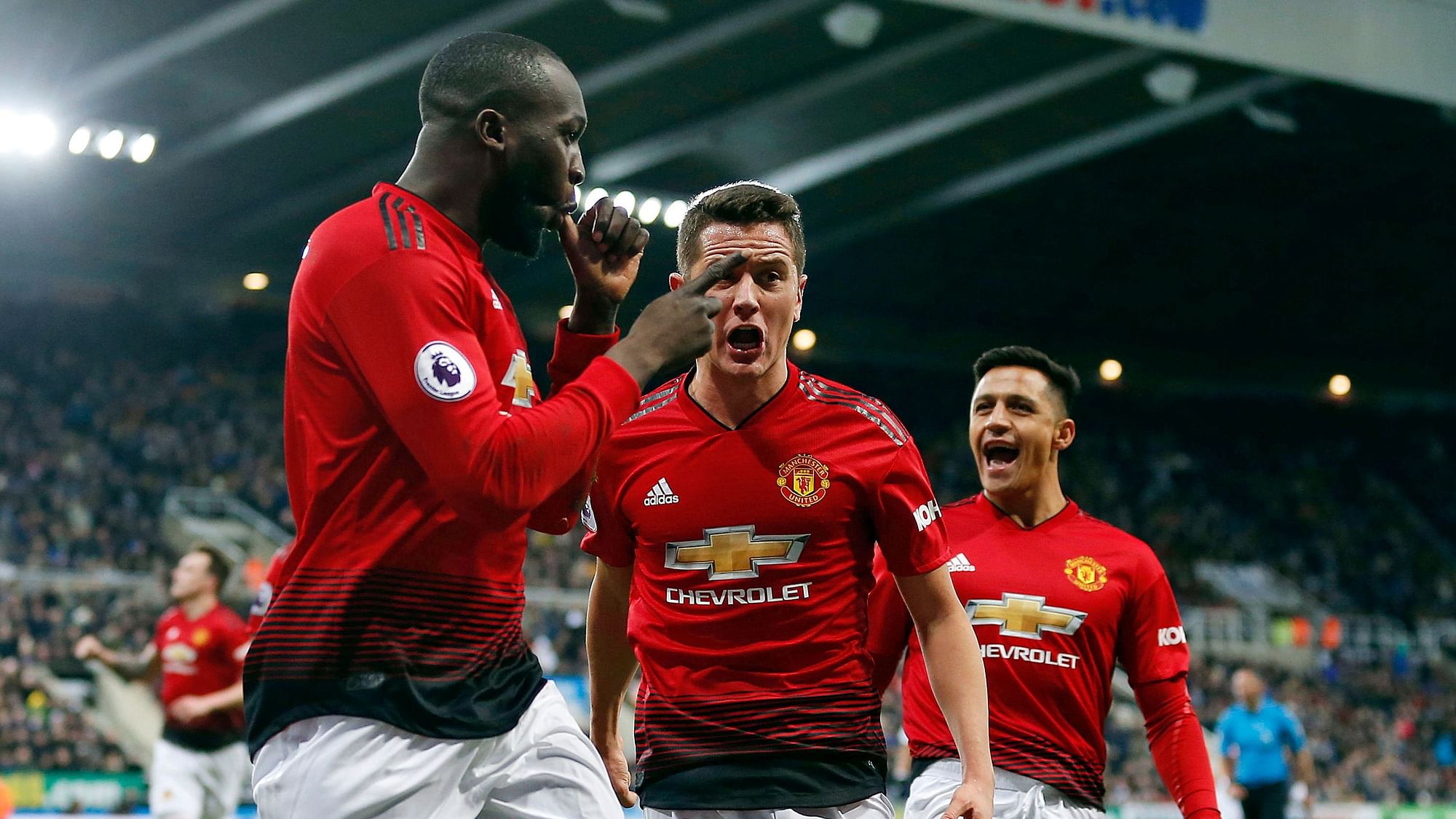 Manchester United’s Romelu Lukaku celebrates scoring his side’s first goal of the game during the Premier League match at St James’ Park, Newcastle.&nbsp;