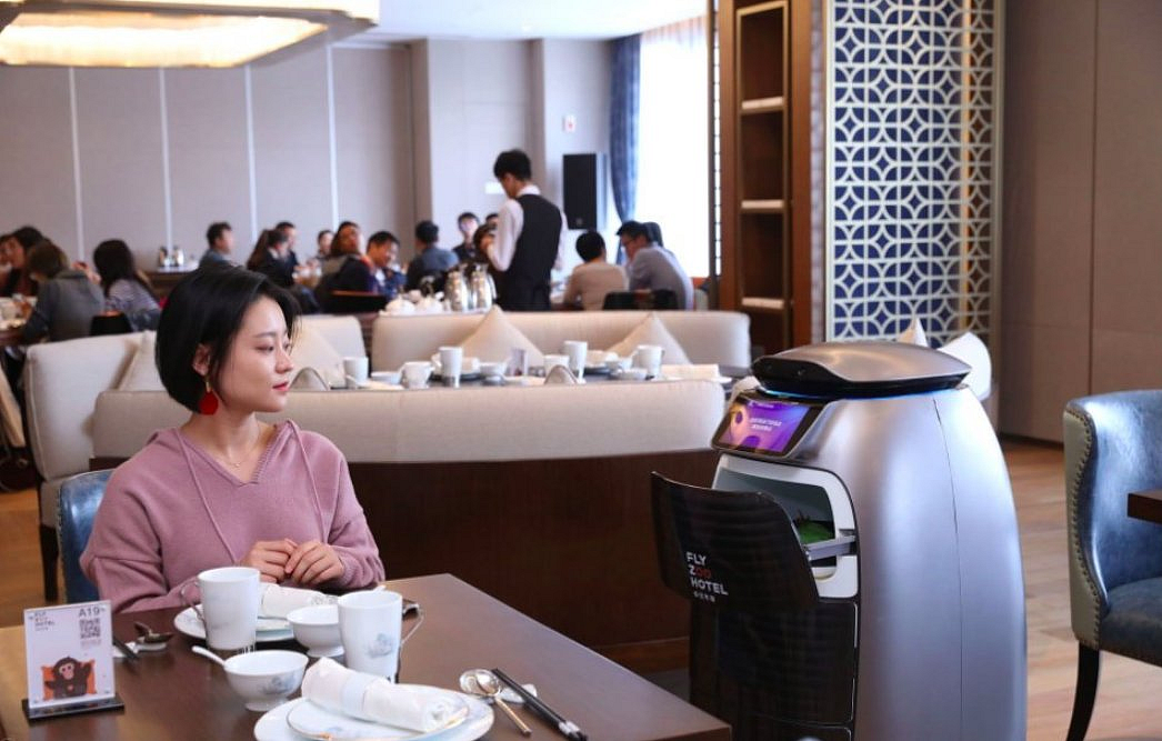 The Flyzoo robot waiter serves food to a customer. 