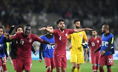 ABU DHABI, Jan. 23, 2019 (Xinhua) -- Players of Qatar celebrate victory after the 2019 AFC Asian Cup round of 16 match between Qatar and Iraq in Abu Dhabi, the United Arab Emirates, on Jan. 22, 2019. Qatar won 1-0 to progress through to the quarter finals. (Xinhua/Wu Huiwo/IANS)