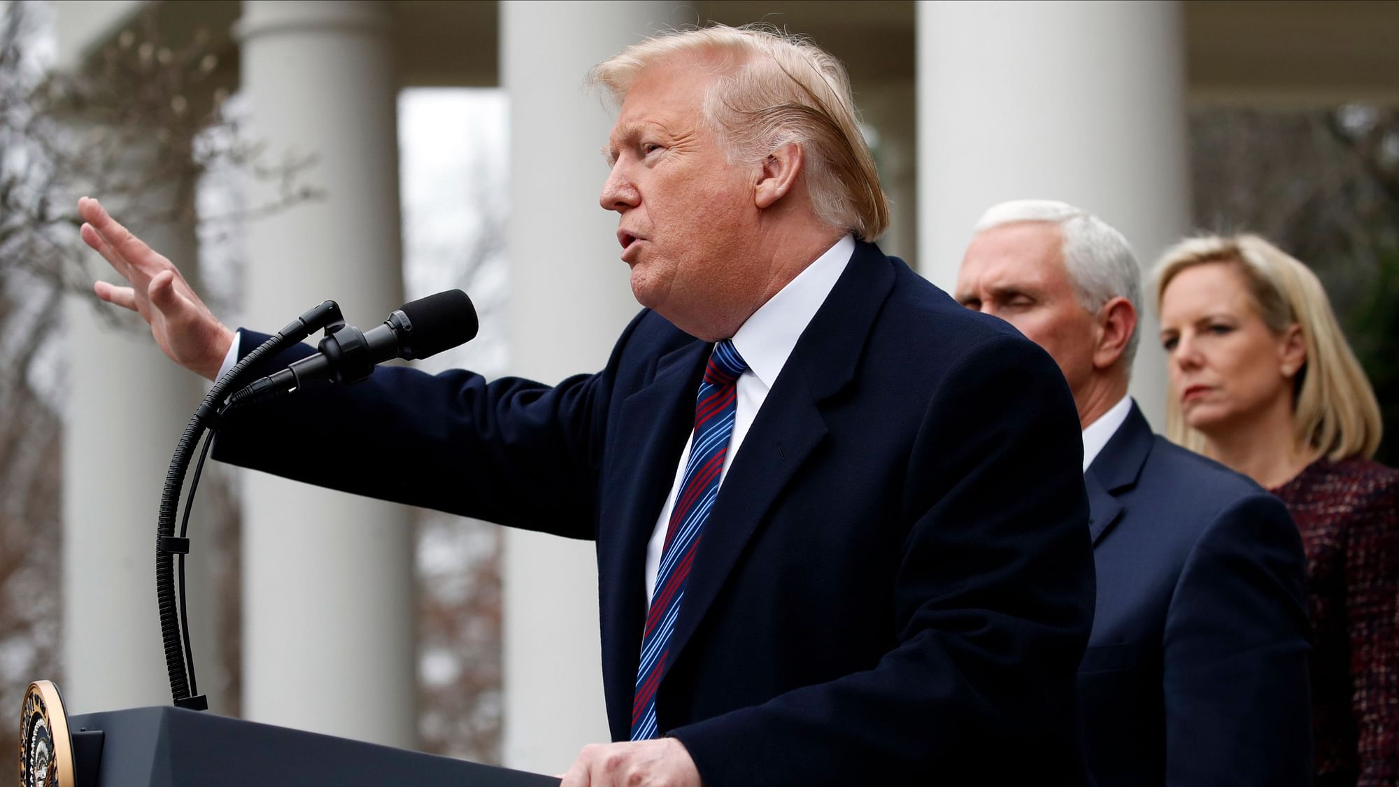 US President Donald Trump speaks in the Rose Garden of the White House after a meeting with Congressional leaders on border security.