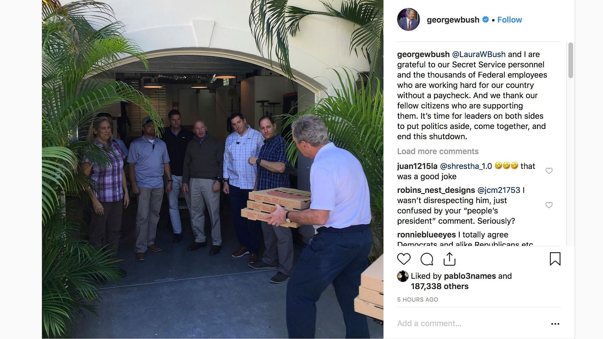 Former President George W Bush treats his Secret Service detail to pizza during US shutdown.