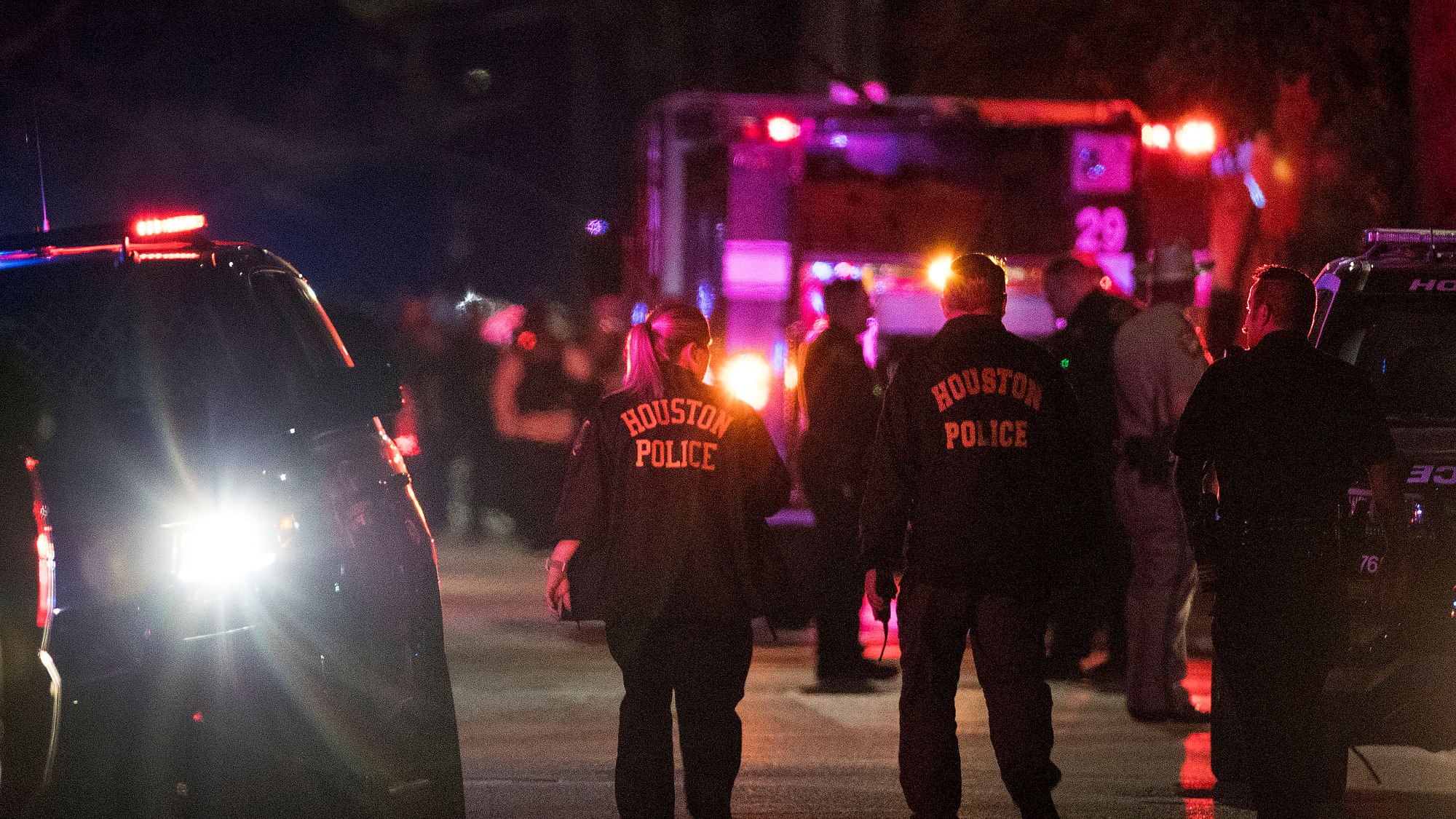Police investigate the scene where several Houston police officers were shot in Houston on Monday, 28 January 2019.