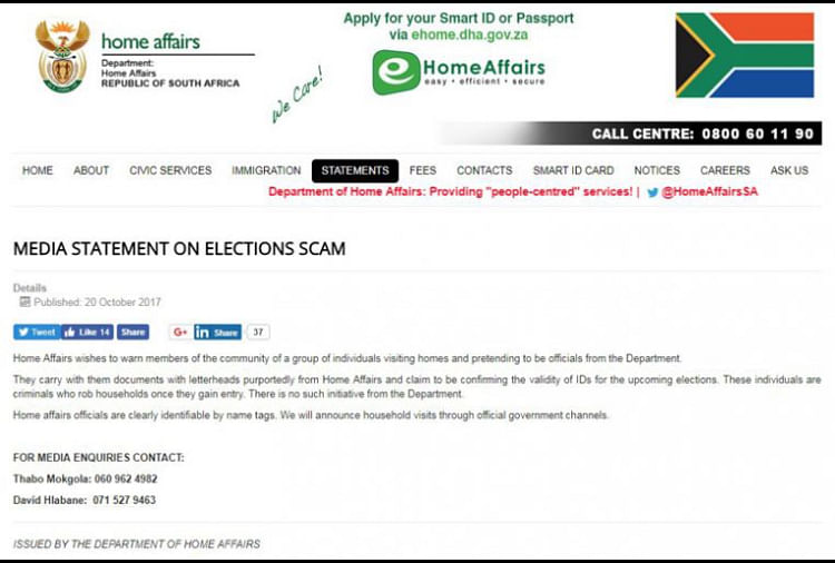 Screenshot from <a href="http://www.dha.gov.za/index.php/statements-speeches/1047-media-statement-on-elections-scam">website</a>