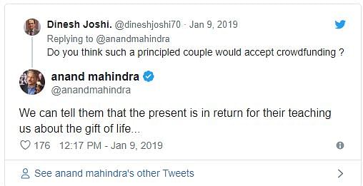 Anand Mahindra, in a tweet, expressed desire to crowdfund the next trip of tea-selling couple, Vijayan and Mohana.  