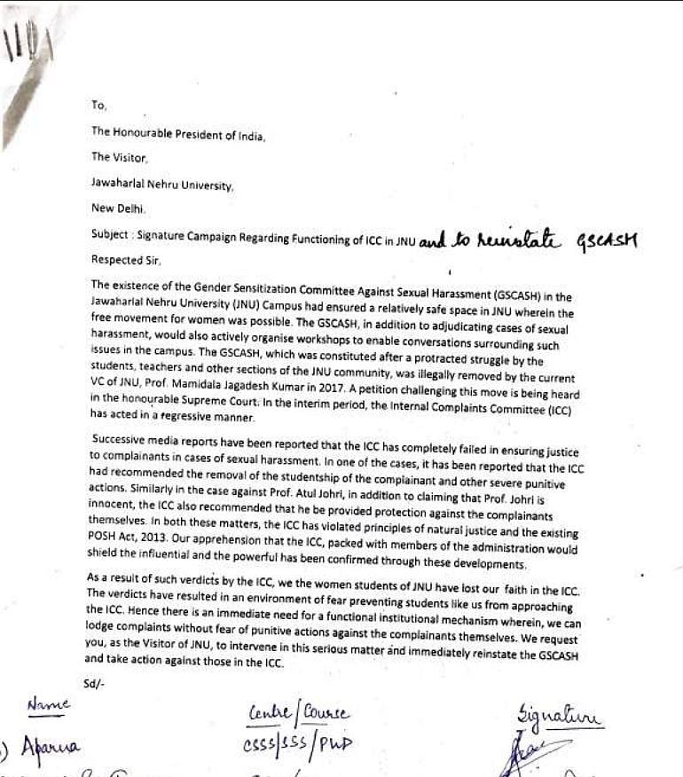Petition sent to Indian President Ram Nath Kovind by students of JNU.&nbsp;