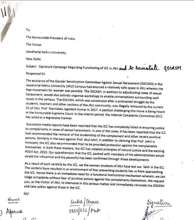 “We request you, as Visitor of JNU, to intervene and immediately reinstate GSCASH,” the petition to President reads.