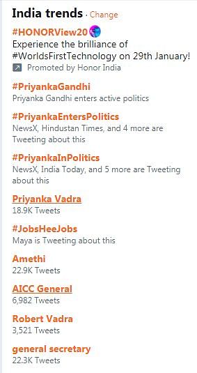 Priyanka Gandhi’s elevation to Congress’s General Secretary sent Twitter into a frenzy.