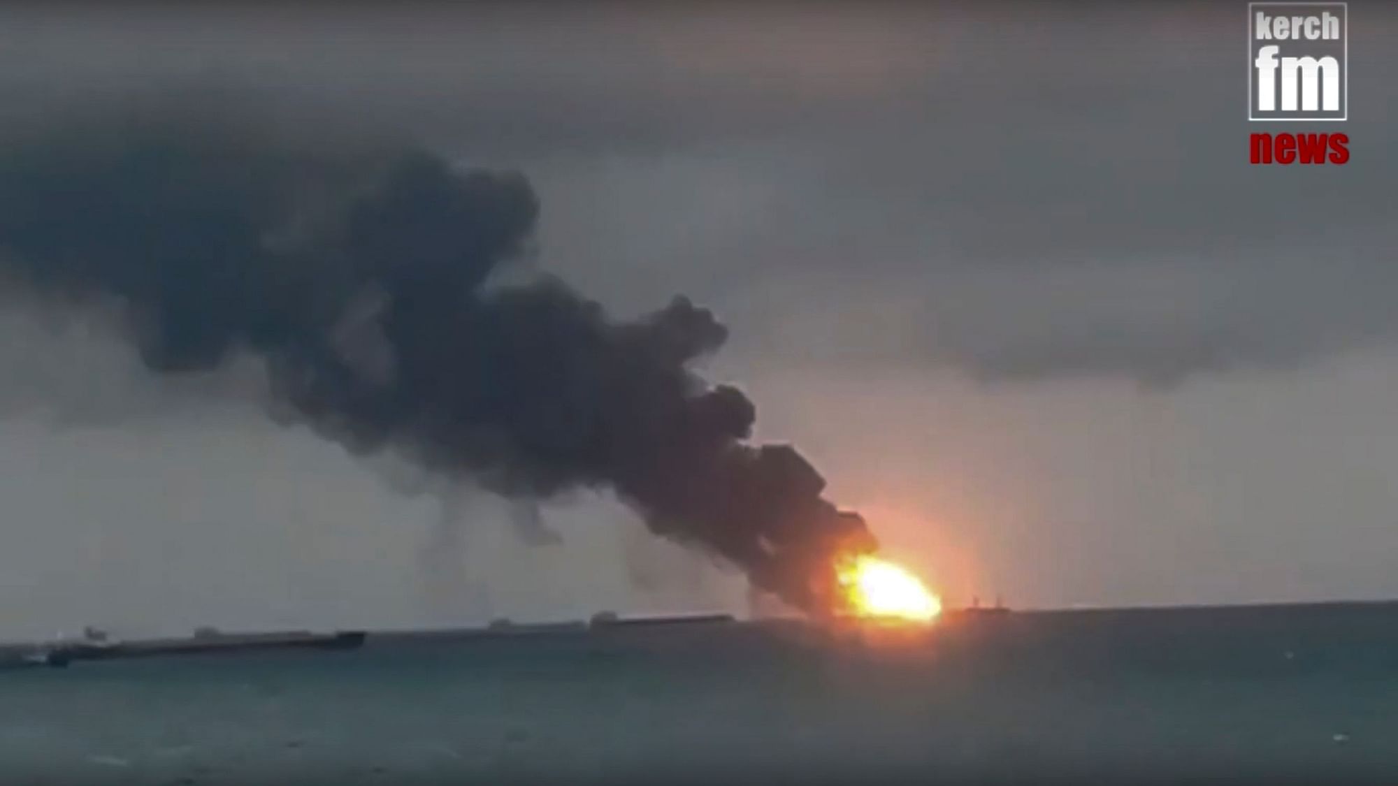 In this video grab provided by the Kerch.fm web portal, the two vessels were on fire near the Kerch Strait, in Kerch, Crimea, on Monday, 21 January.&nbsp;