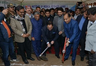 Kothipura: Himachal Pradesh Chief Minister Jai Ram Thakur, Union Health Minister J.P. Nadda and BJP MP Anurag Thakur at the ground breaking ceremony of All India Institute of Medical Sciences (AIIMS) at Kothipura in Bilaspur district, on Jan 21, 2019. (Photo: IANS)