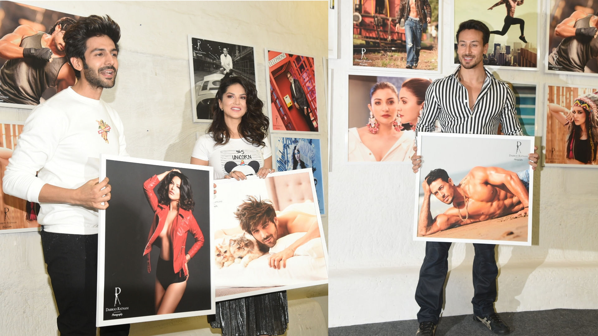 Kartik Aaryan, Sunny Leone and Tiger Shroff at the Dabboo Ratnani calendar launch in Mumbai.&nbsp;