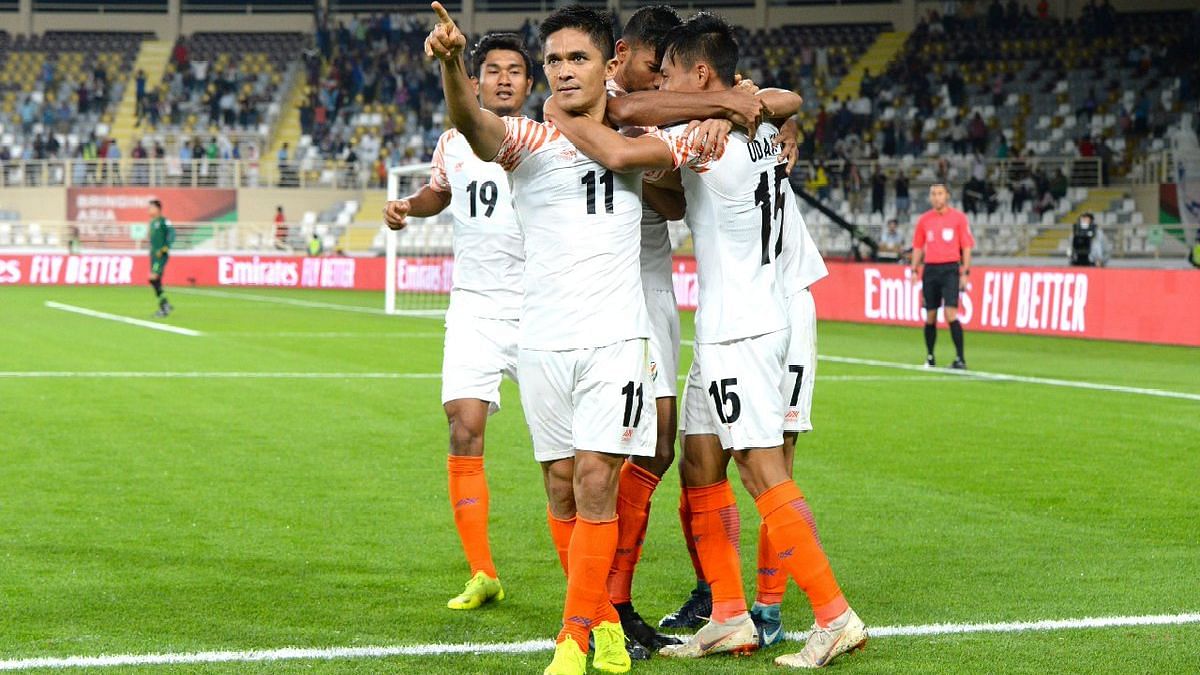 Sunil Chhetri celebrates after scoring during India’s 4-1 win against Thailand in their AFC Asian Cup 2019 Group A opener in Abu Dhabi.