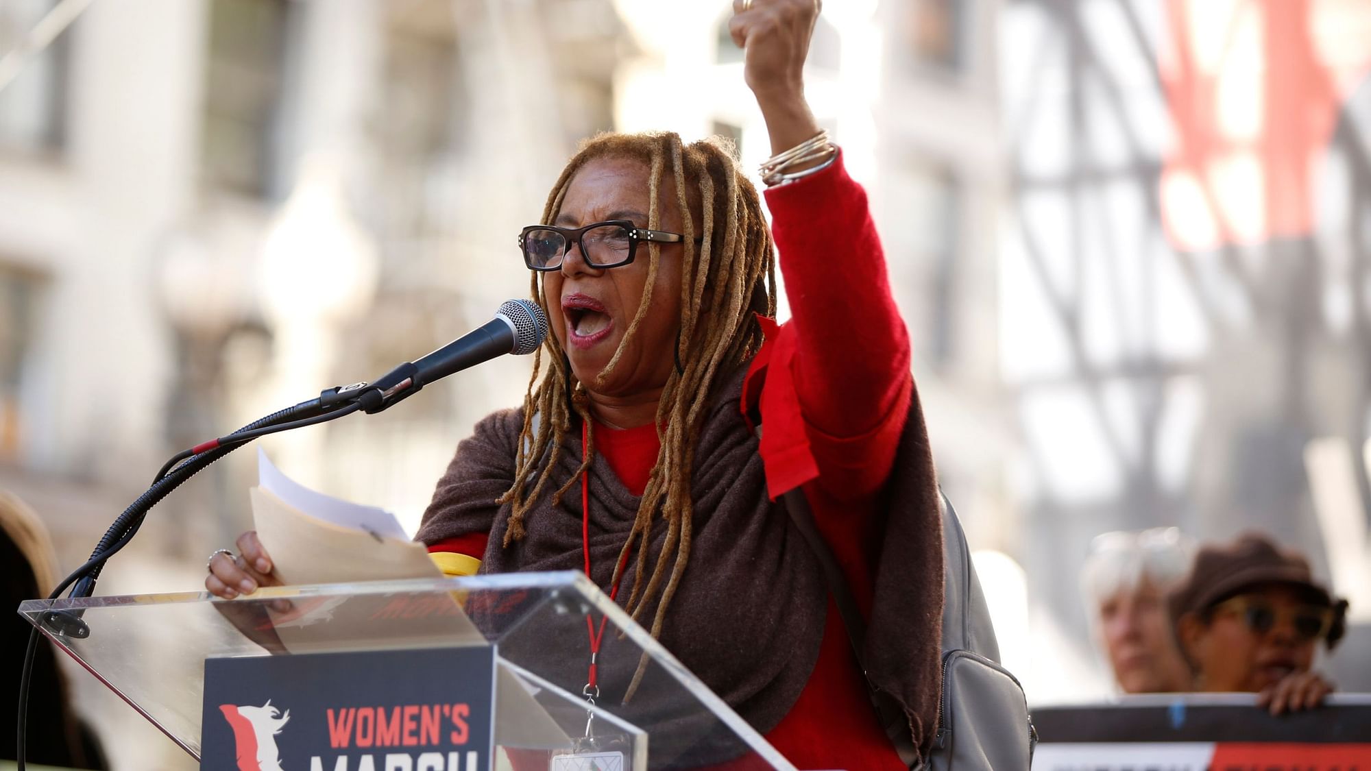 Activist Margaret Prescod, radio host and producer, speaks at Pershing Square during the 3rd Women’s March in Los Angeles.