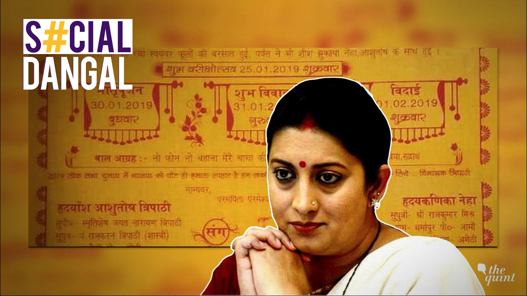 Union minister Smriti Irani retweeted a post of a wedding invitation that went viral on social media asking guests to ‘vote for BJP in 2019 general elections’ as a gift to the bride and groom.