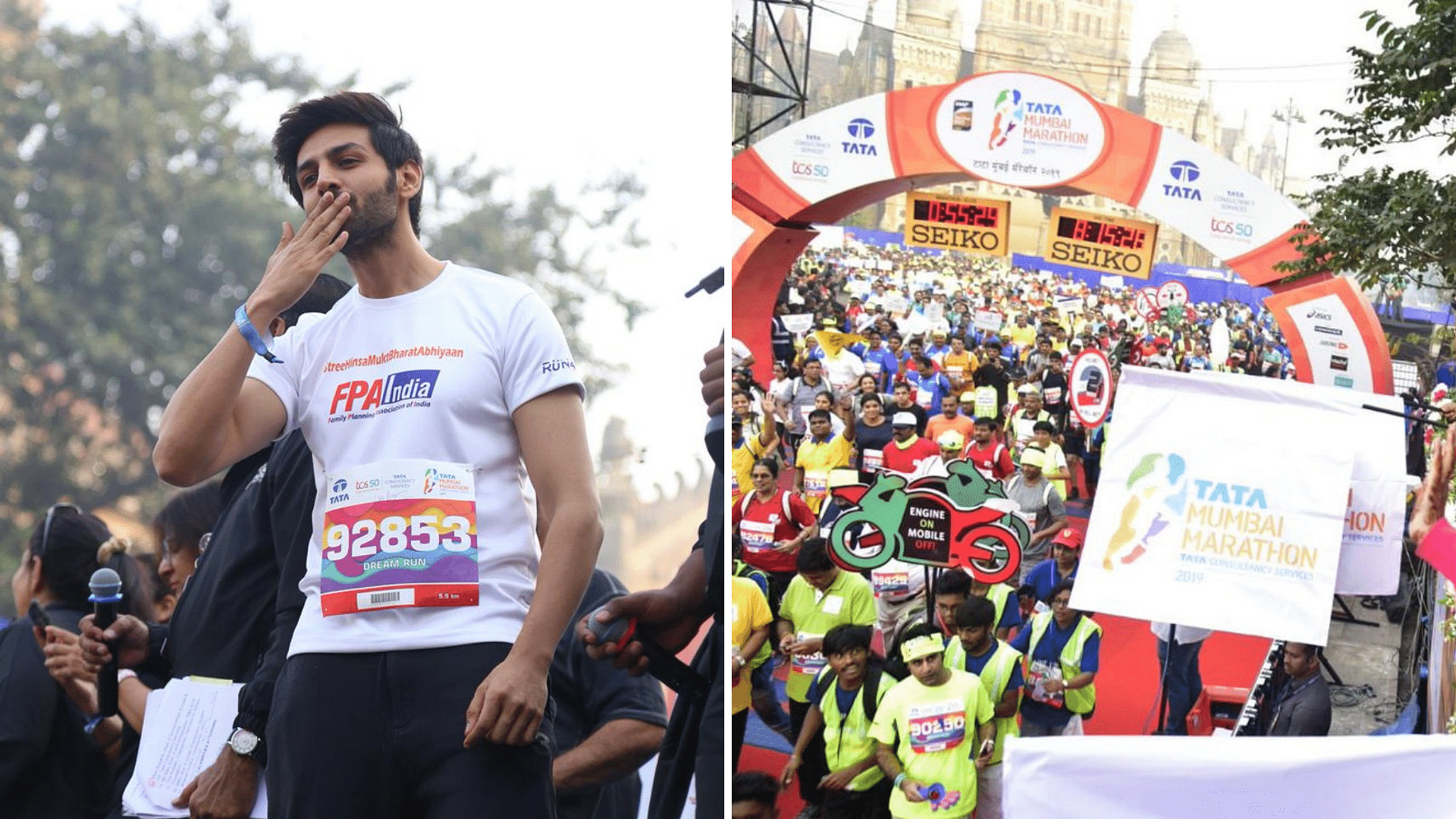 Kartik Aaryan cheers for the participants; The Tata Mumbai Marathon 2019 in full swing. 