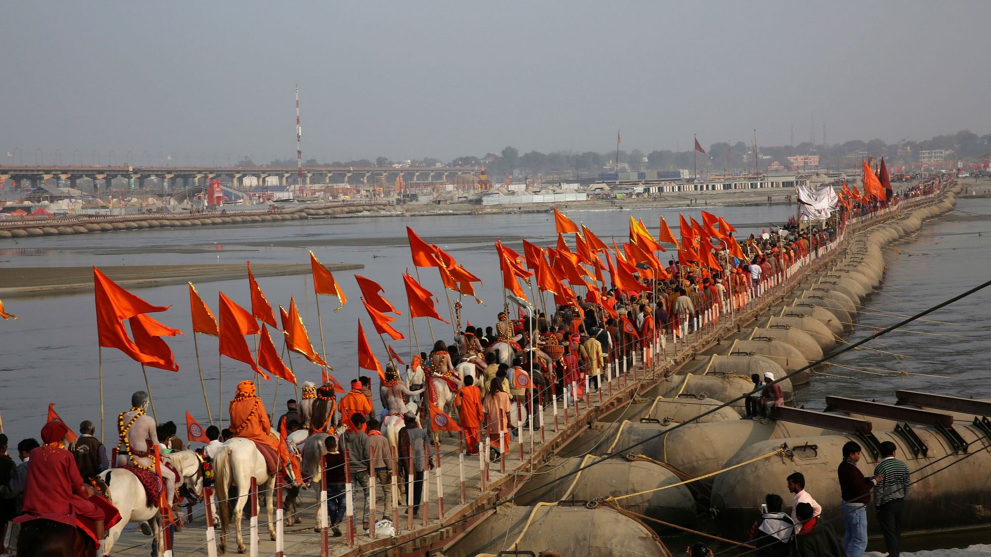 Naga Sadhus participate in a procession towards the Sangam, the confluence of rivers Ganges and Yamuna,  in Allahabad.