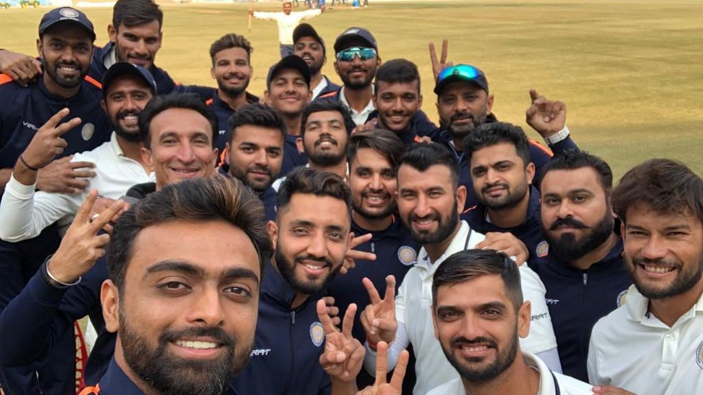 The Saurashtra team celebrates after completing an all-time record chase to enter the Ranji Trophy 2018/19 semi-finals.