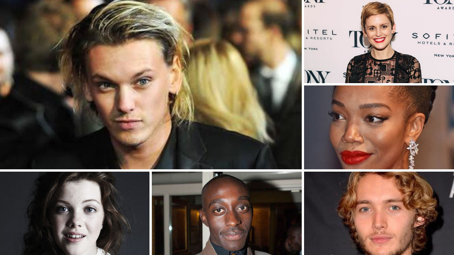 (Clockwise from top) Jamie Campbell Bower, Denise Gough, Naomi Ackie, Toby Regbo, Ivanno Jeremiah, and Georgie Henley.