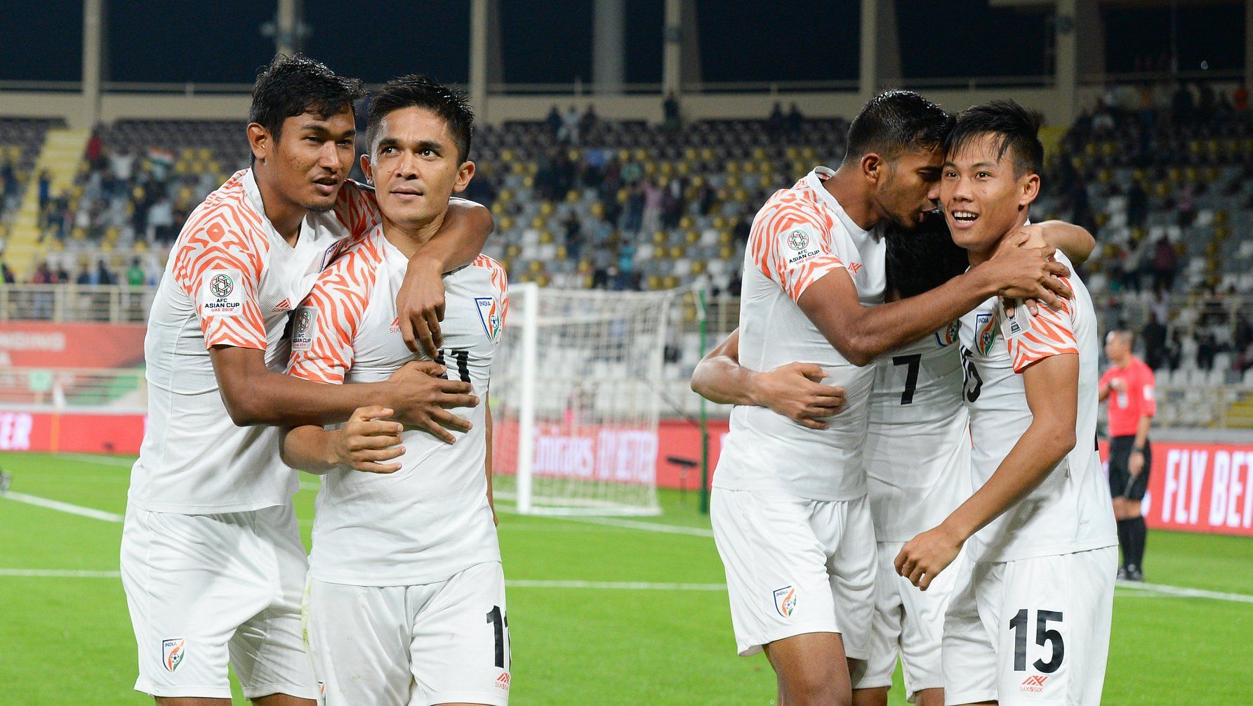 Indian captain Sunil Chhetri celebrates a goal against Thailand with his team-mates during the 2019 Asian Cup.