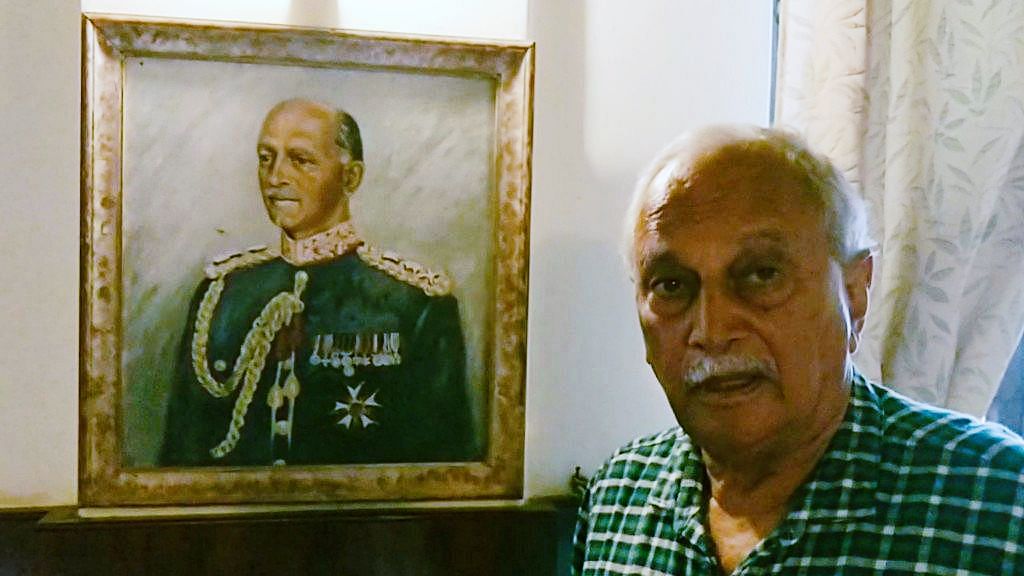  Former Air Marshal KC Cariappa stands before his father Field Marshal KM Cariappa’s portrait.