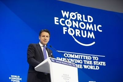 DAVOS (SWITZERLAND), Jan. 23, 2019 (Xinhua) -- Italian Prime Minister Giuseppe Conte speaks during a plenary session at the 49th annual meeting of the World Economic Forum (WEF) in Davos, Switzerland, Jan. 23, 2019. Attended by over 60 heads of state or government, 40 international organization heads and 1,700 business leaders, the four-day WEF meeting kicked off on Tuesday. (Xinhua/Xu Jinquan/IANS)