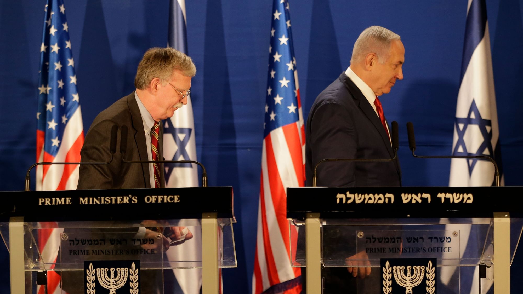 Israeli Prime Minister Benjamin Netanyahu (right) and US National Security Advisor John Bolton, leave the stage after their statement to the media follow their meeting, in Jerusalem on 7 January, 2019.&nbsp;
