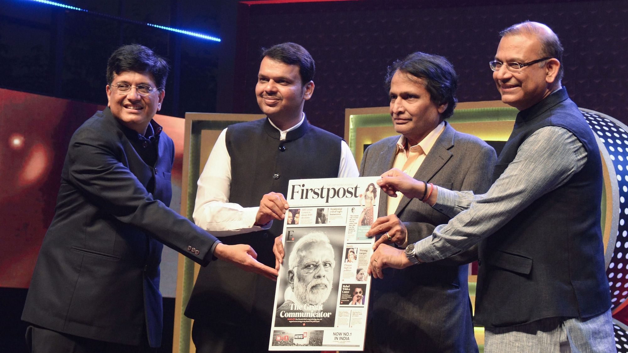 Union Minister Piyush Goyal (L), Suresh Prabhu and Jayant Sinha (R) with Maharashtra Chief Minister Devendra Fadnavis during the CNBC-TV 18 India Business Leader Awards, in Mumbai on 17 January.&nbsp;