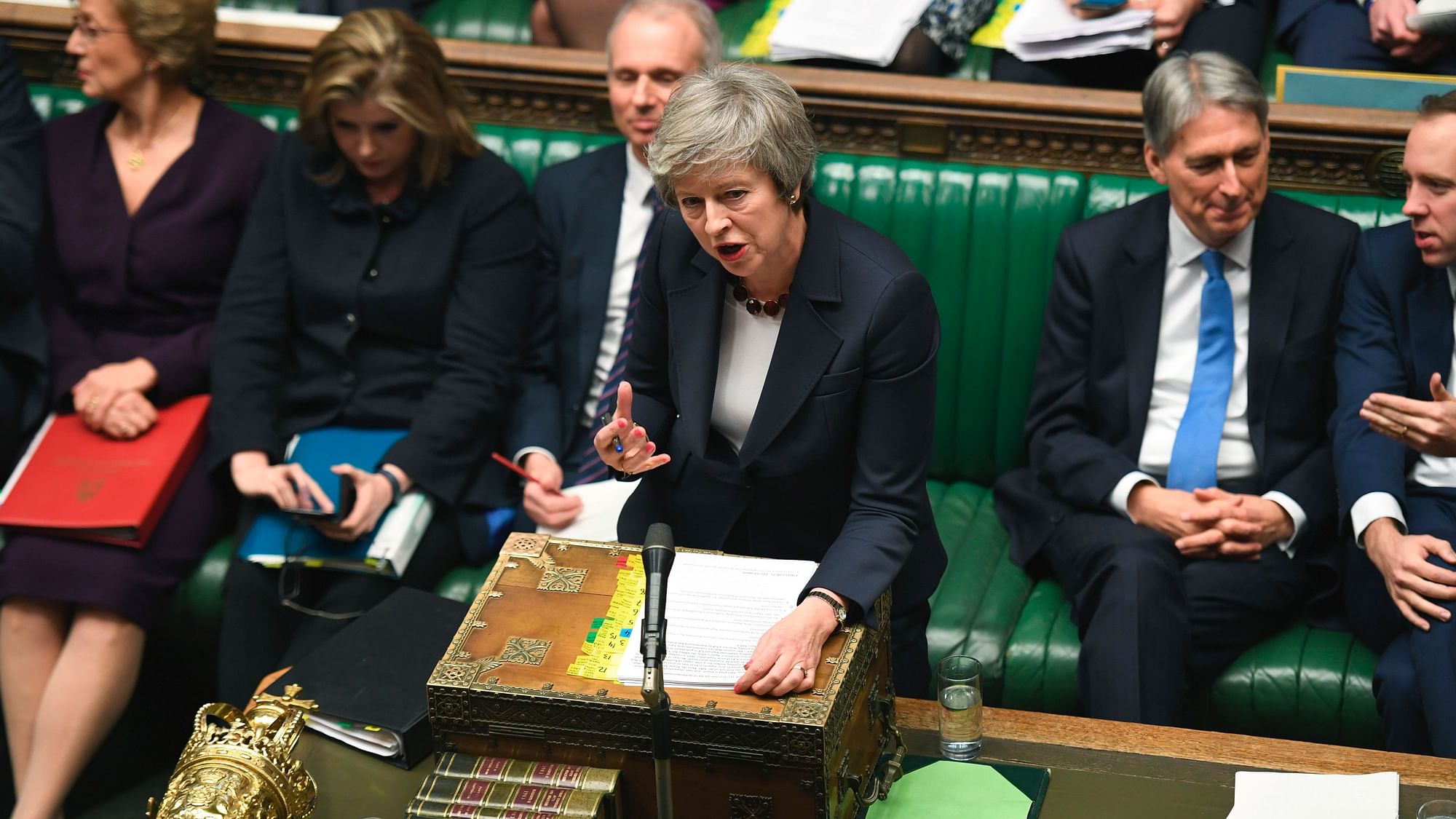 Britain’s Prime Minister Theresa May, centre, speaks, during Prime Minister’s Questions in the House of Commons, London.