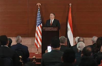 CAIRO, Jan. 11, 2019 (Xinhua) -- U.S. Secretary of State Mike Pompeo delivers a speech at the American University in Cairo, Egypt, Jan. 10, 2019. Pompeo said on Thursday that the United States will "use diplomacy" and work with partners to curb Iran