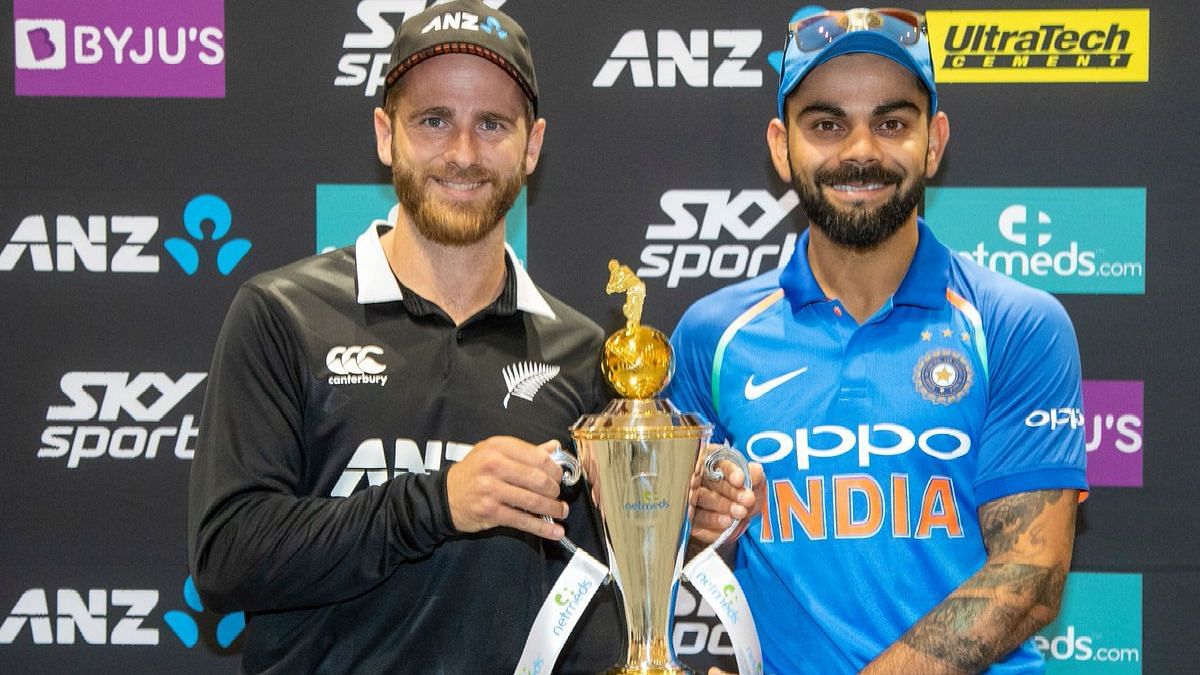 Captains Kane Williamson and Virat Kohli pose with the trophy ahead of India’s five-match ODI series in New Zealand.