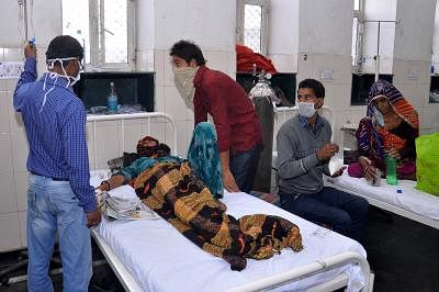 Jaipur: Swine flu patients being treated at a Jaipur hospital. (Photo: Ravi Shankar Vyas/IANS)