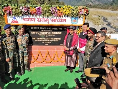 Lower Dibang Valley: Defence Minister Nirmala Sitharaman unveils the plaque to inaugurate the Diffo Bridge which connects Lower Dibang Valley District and Lohit District of Arunachal Pradesh, in Lower Dibang Valley on Jan 18, 2019. (Photo: IANS/DPRO)