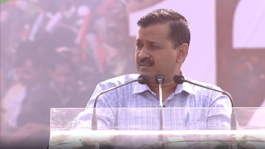 Delhi Chief Minister Arvind Kejriwal speaking at the Opposition's United India rally