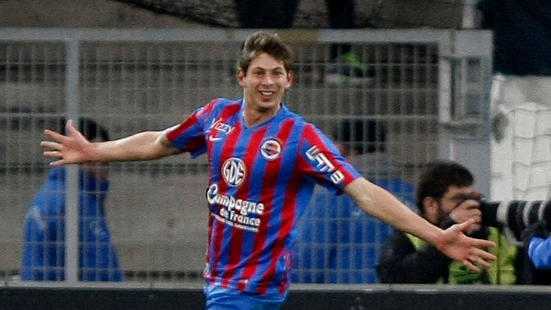 File picture of Emiliano Sala celebrating a goal during a League One soccer match between Marseille and Caen in 2015. The French civil aviation authority said that Sala was aboard a small passenger plane that went missing off the coast of the island of Guernsey.&nbsp;