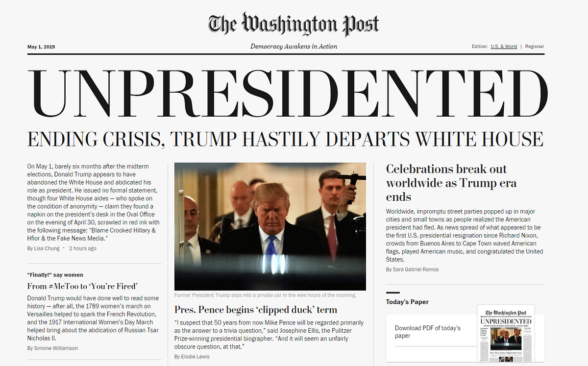 The paper carried a story of Prez Donald Trump leaving office amid ‘massive women-led protests’ across the country.