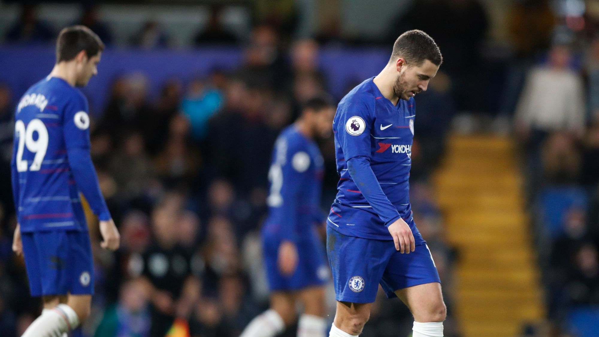 Chelsea’s Eden Hazard (right) walk at the end of a English Premier League soccer match between Chelsea and Southampton at Stamford Bridge.