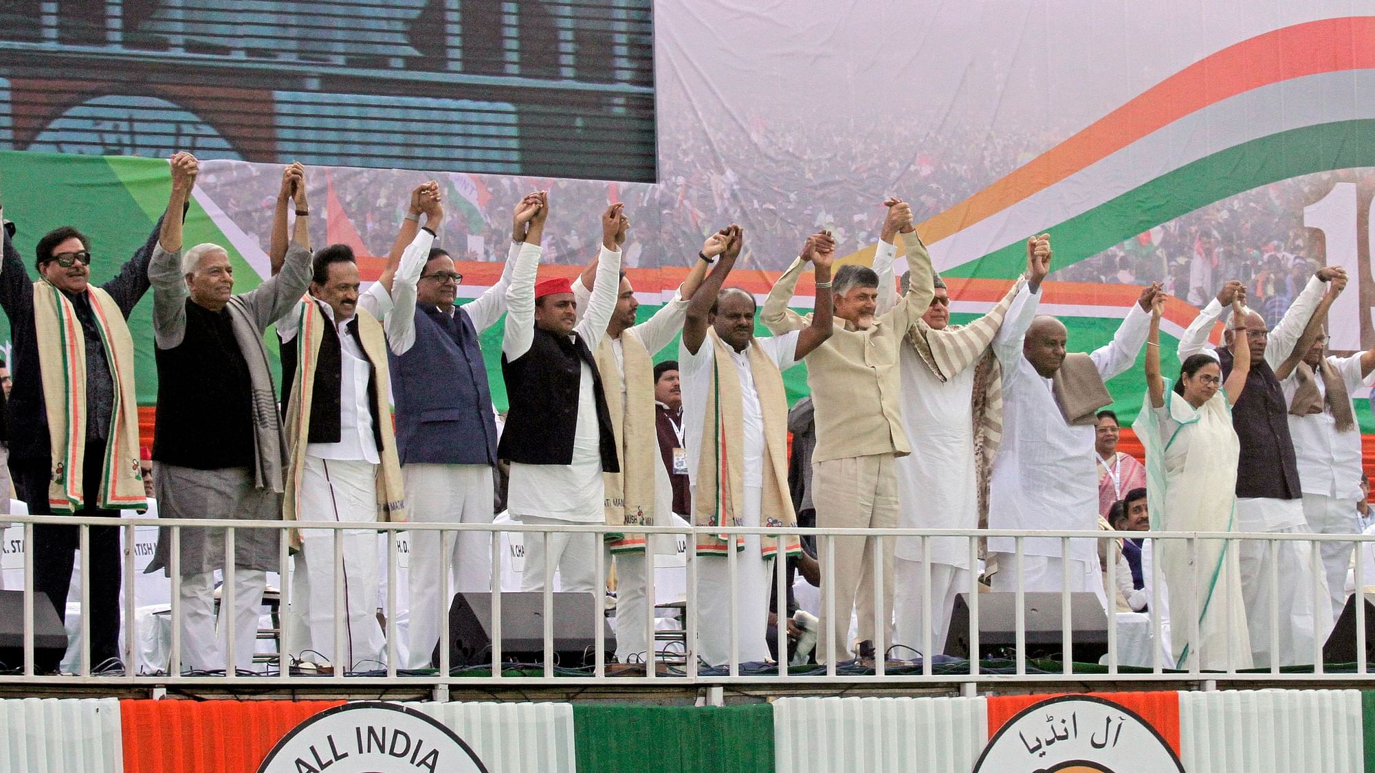 Opposition parties join hands during a public rally organized by Trinamool Congress party in Kolkata on 19 January.