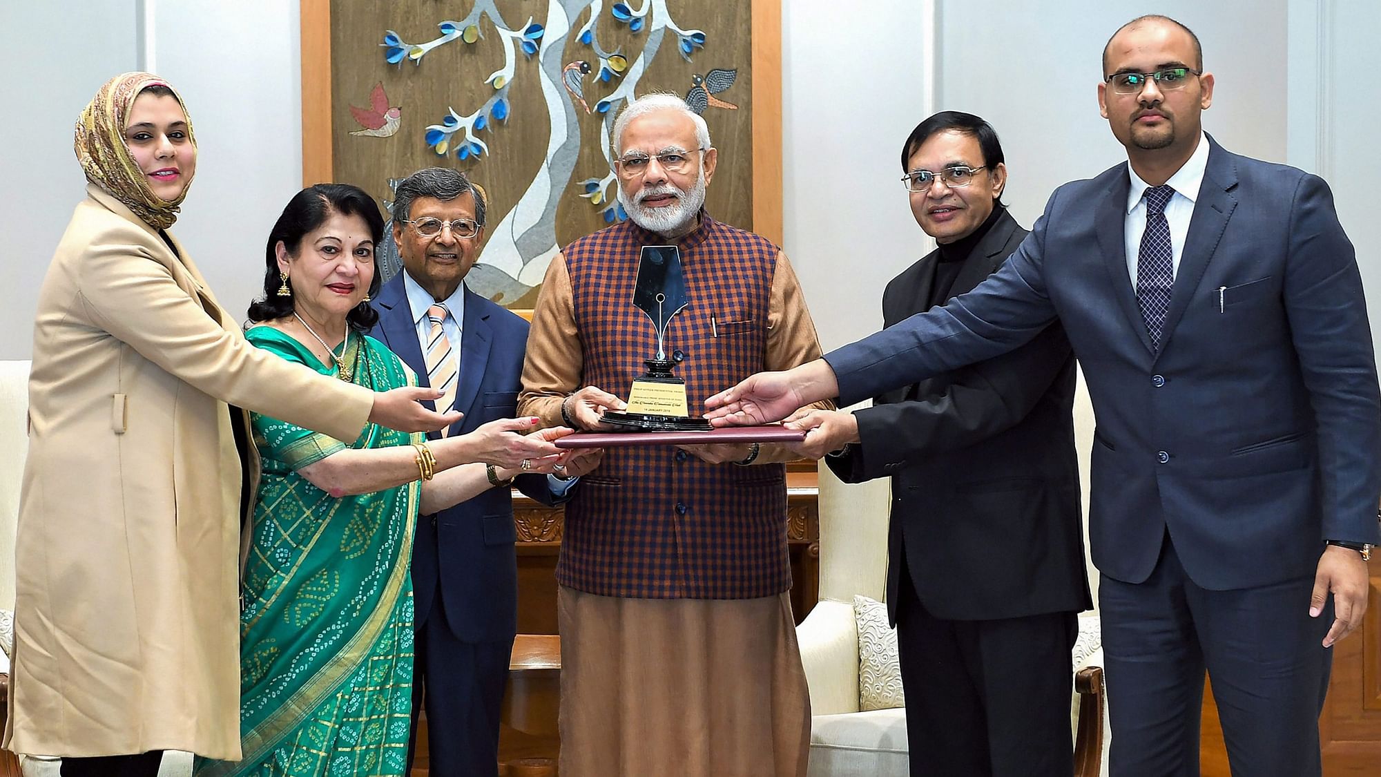 Prime Minister Narendra Modi receives the first-ever Philip Kotler Presidential award in New Delhi on 14 January.