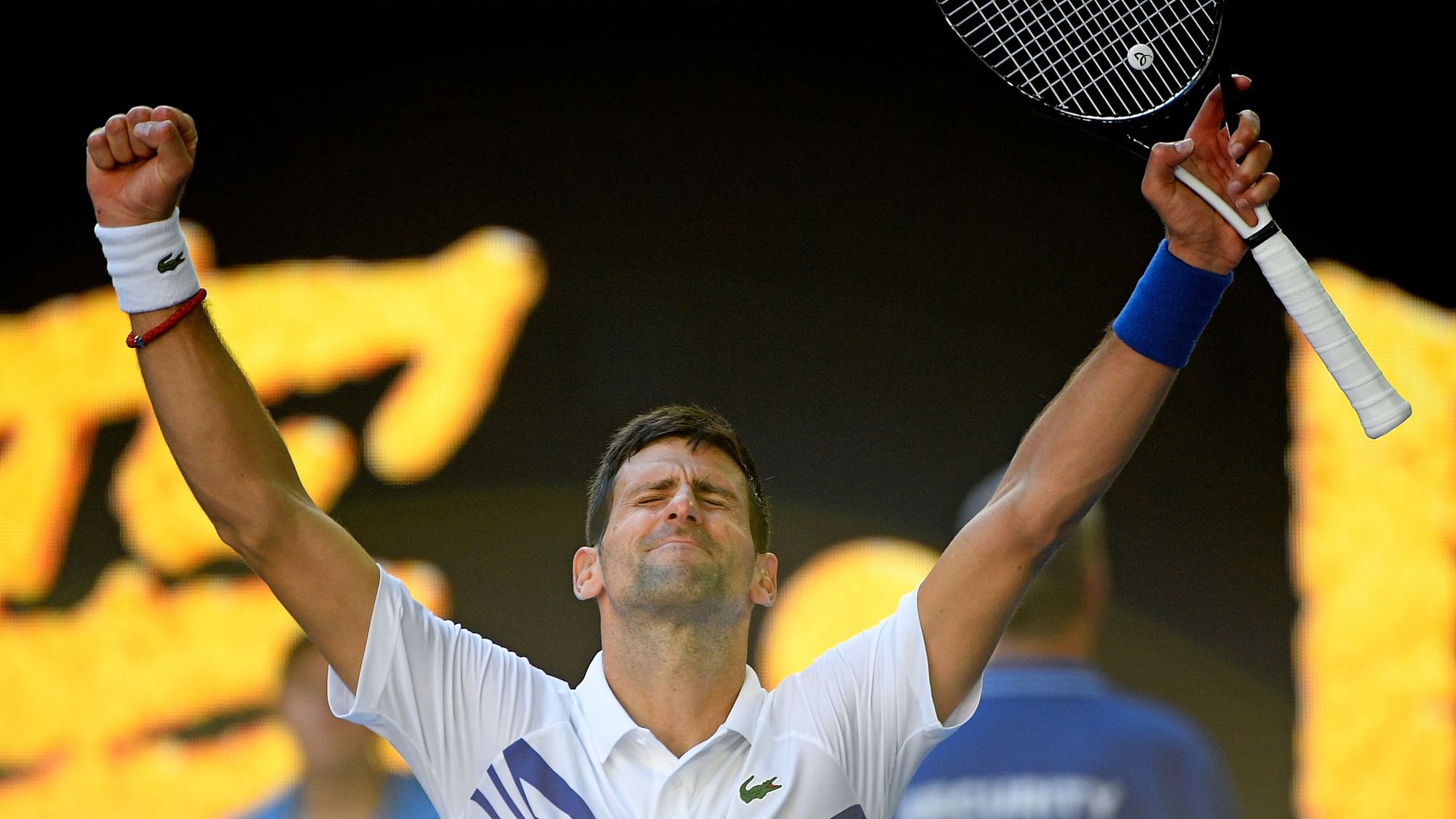 Novak Djokovic holds his hands aloft in celebration after winning his Australian Open 2019 third round match against Denis Shapovalov.