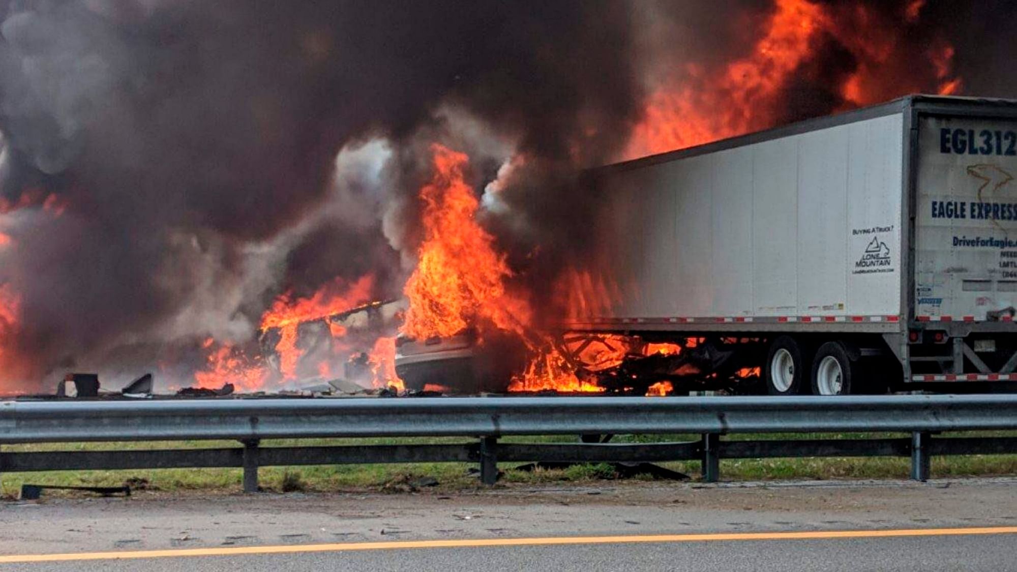 Flames engulf vehicles after a fiery crash along Interstate 75 in Florida on Thursday, 3 January.