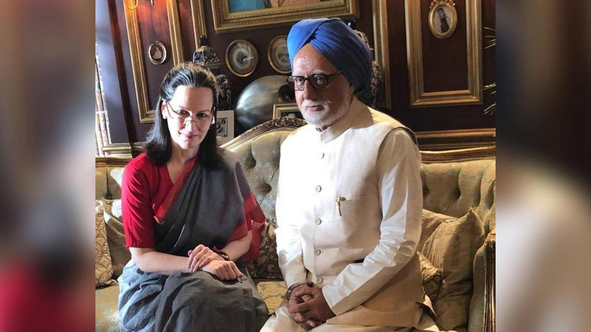 Suzanne Bernert and Anupam Kher as Sonia Gandhi and Manmohan Singh in <i>The Accidental Prime Minister</i>.