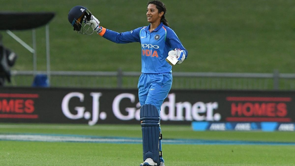 Smriti Mandhana celebrates after reaching a hundred during India’s win in the first ODI against New Zealand at Napier.
