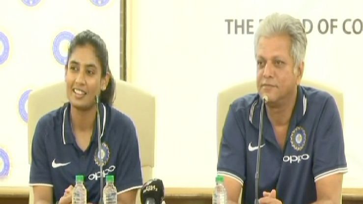 Team India ODI skipper Mithali Raj and coach WV Raman at the team’s pre-departure press conference in Mumbai on Sunday.