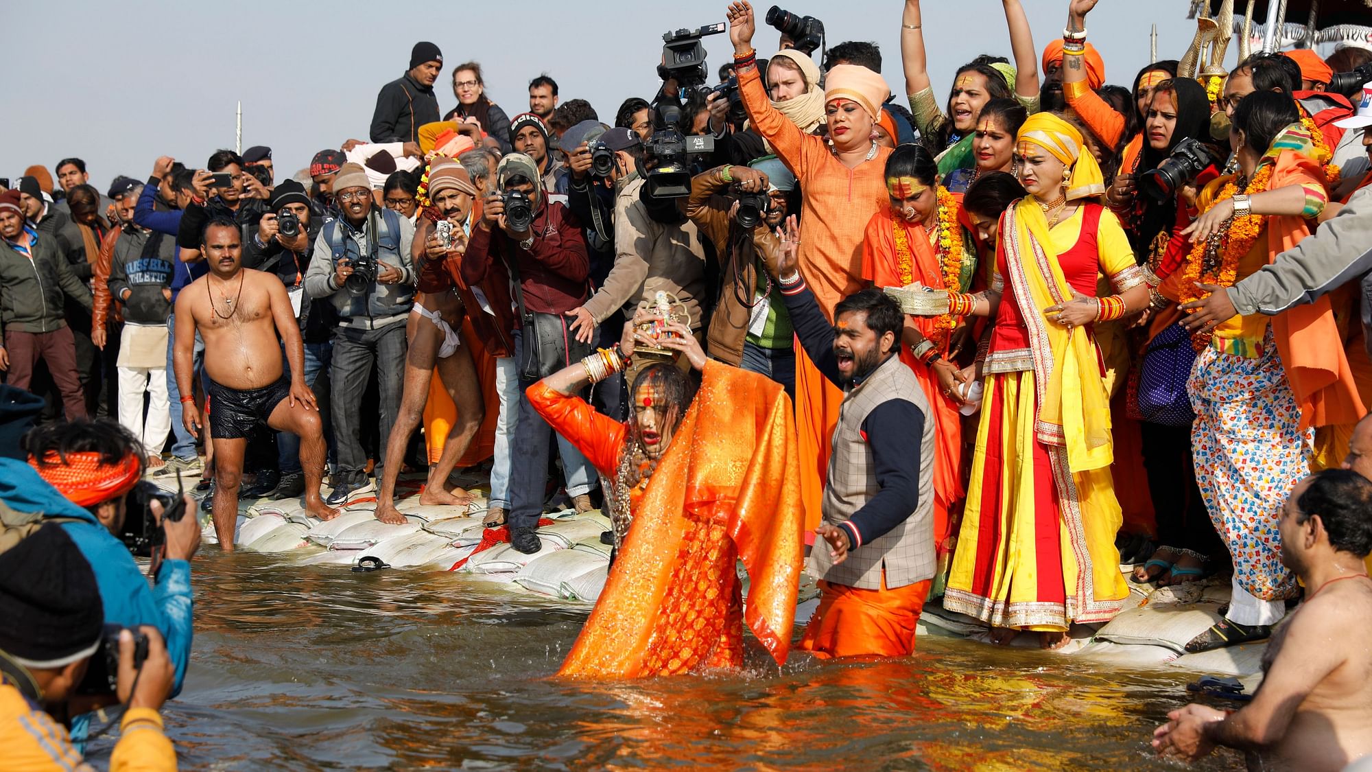 Laxmi Narayan Tripathi, transgender activist and chief of the Kinnar Akhada, takes a dip during the Kumbh Mela.