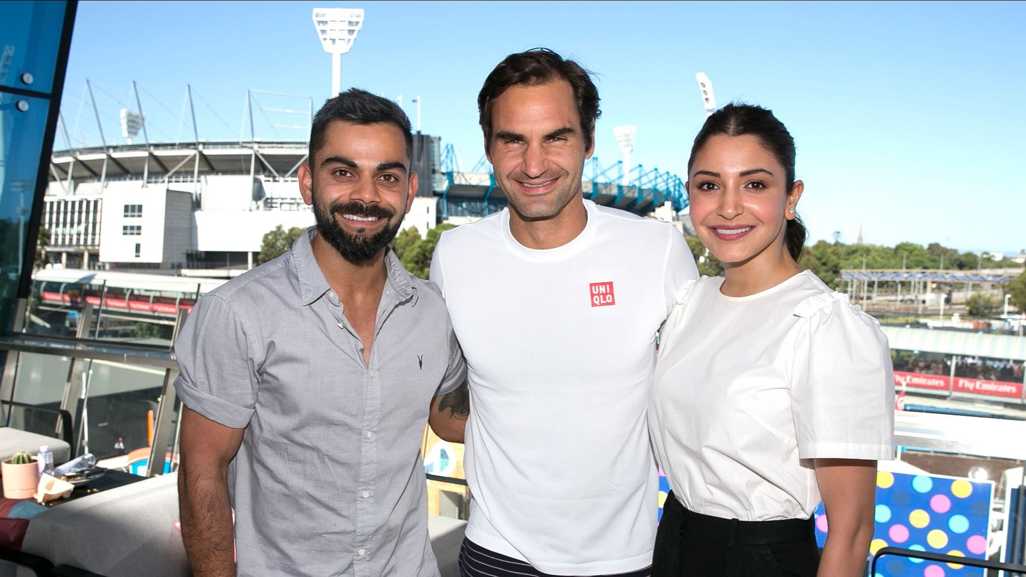 Indian cricket captain Virat Kohli and wife Anushka Sharma photographed with Roger Federer on Day 6 of the Australian Open 2019.