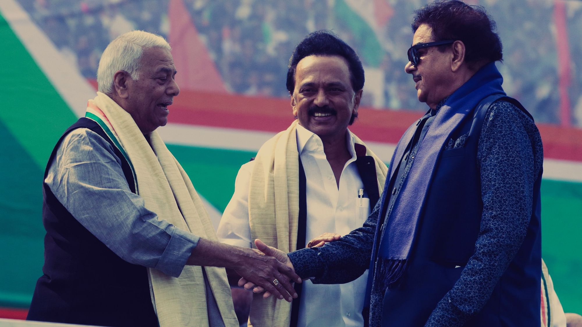 DMK leader M.K. Stalin, centre, ex Indian finance minister Yashwant Sinha, left, BJP lawmaker Shatrughan Sinha, right, in Kolkata on Saturday,&nbsp; 19 Jan. Image used for representational purposes.